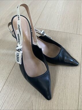 Dior Black Pointed Slingback Kitten Heels J'ADIOR Ribbon Strap Made in Italy 39